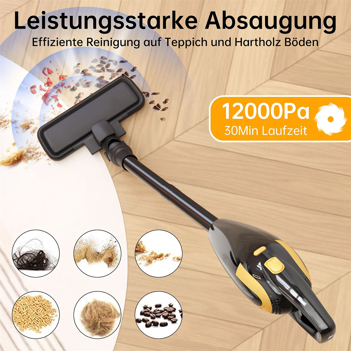 Ein schwarz-gelber Staubsauger mit Text und visuellen Hilfsmitteln auf Holzboden.