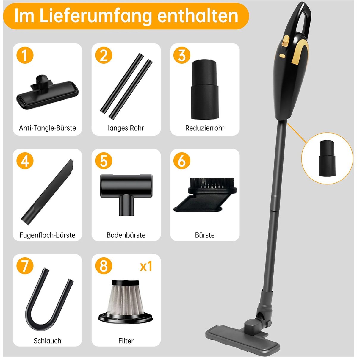 Schwarzer und goldfarbener Handstaubsauger mit Aufsätzen, zeigt beschriftete enthaltene Teile.