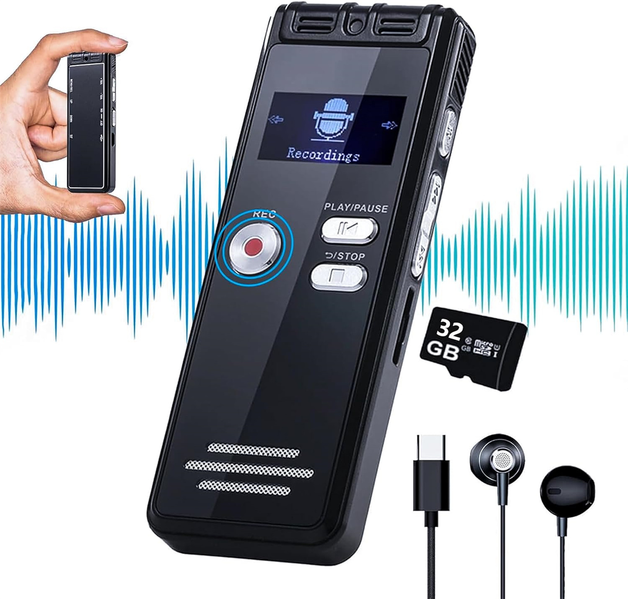 Schwarzes Aufnahmegerät mit Bildschirm, Knöpfen und Zubehör wie Ohrhörern und USB-Kabel.
