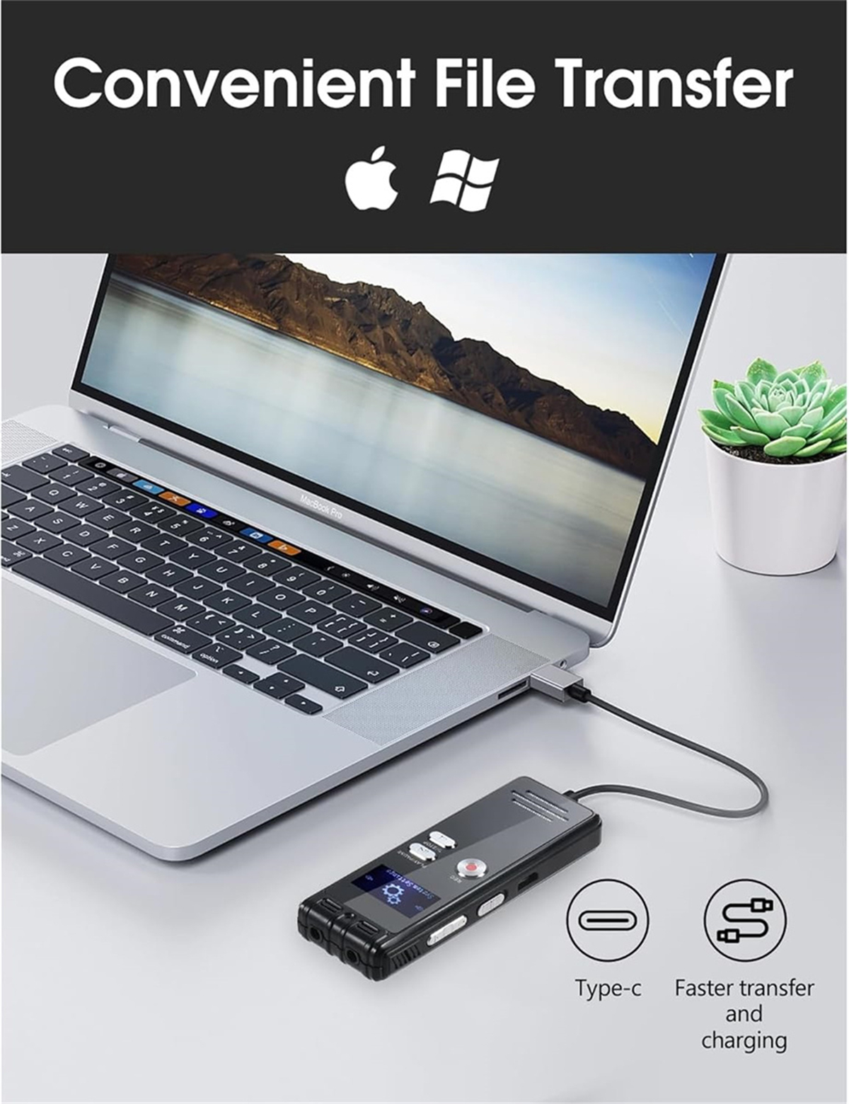 Laptop über USB mit einem Diktiergerät verbunden. Bildschirm zeigt eine Dateiübertragung.