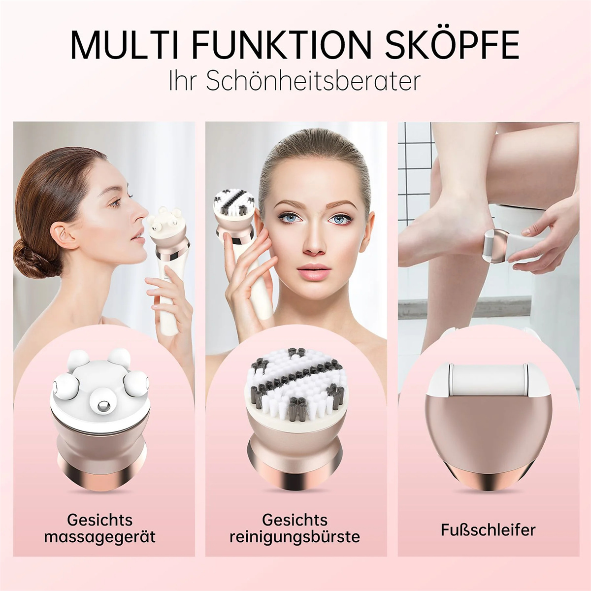 Drei Frauen benutzen Beauty-Tools. Eine benutzt ein Gesichtsmassagegerät, eine andere eine Bürste, die letzte eine Fußfeile.