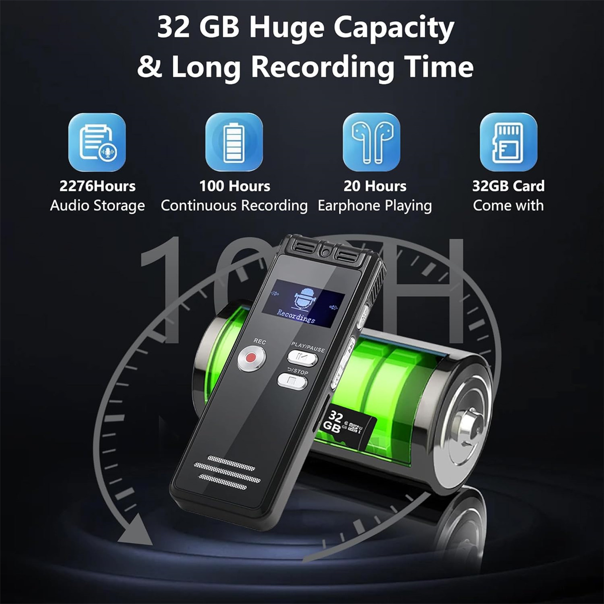 Ein schwarzes digitales Aufnahmegerät wird zwischen zwei grünen Batterien mit etwas Text und Symbolen angezeigt.