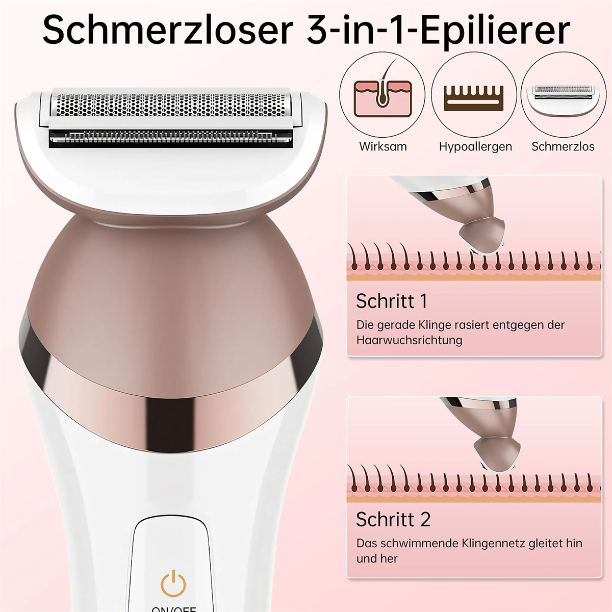 Ein Elektrorasierer mit Diagrammen, die die Haarentfernungsschritte zeigen. Text auf Deutsch beschreibt den Vorgang.