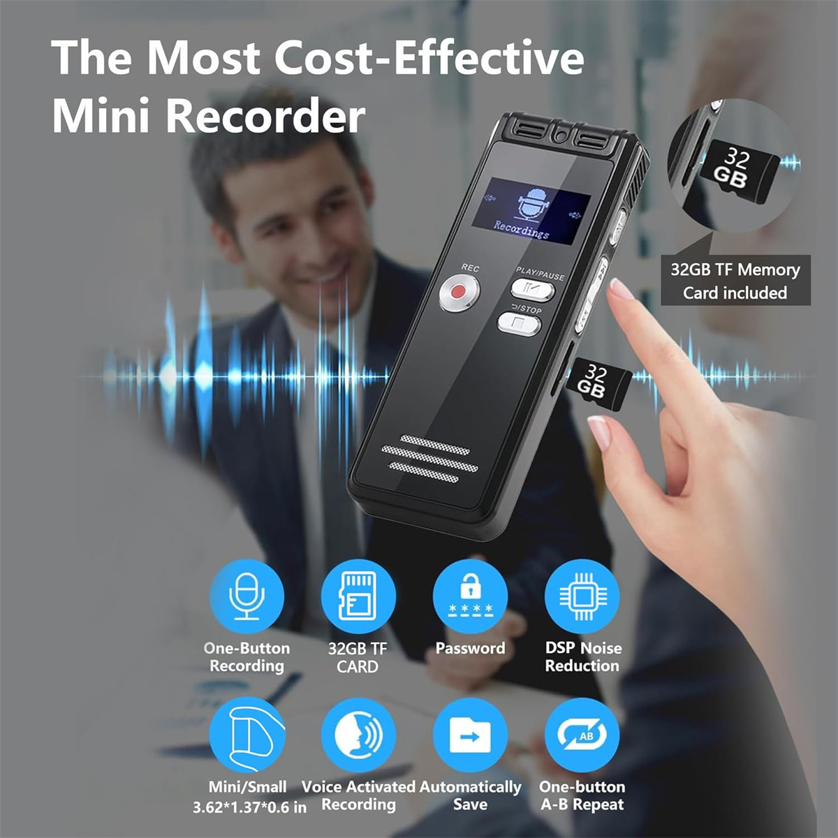 Schwarzer Mini-Recorder mit Bildschirm, Knöpfen und Text, der Funktionen wie Aufnahme hervorhebt.
