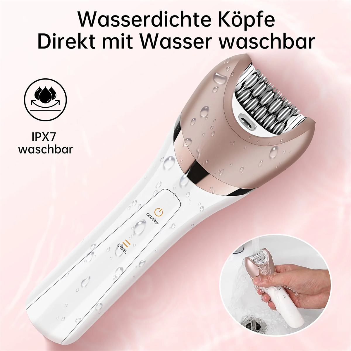 Ein weißer und goldener Epilierer mit Wassertropfen.