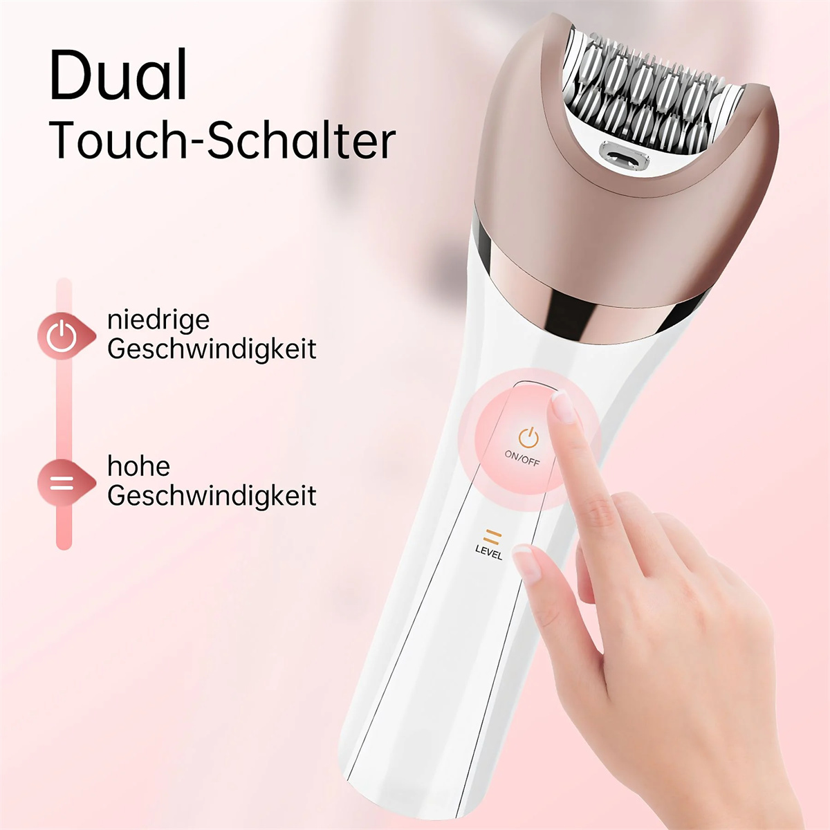 Die Hand einer Frau drückt die 'Ein'-Taste eines weißen und roségoldenen Epilierers. Text beschreibt die Funktion.