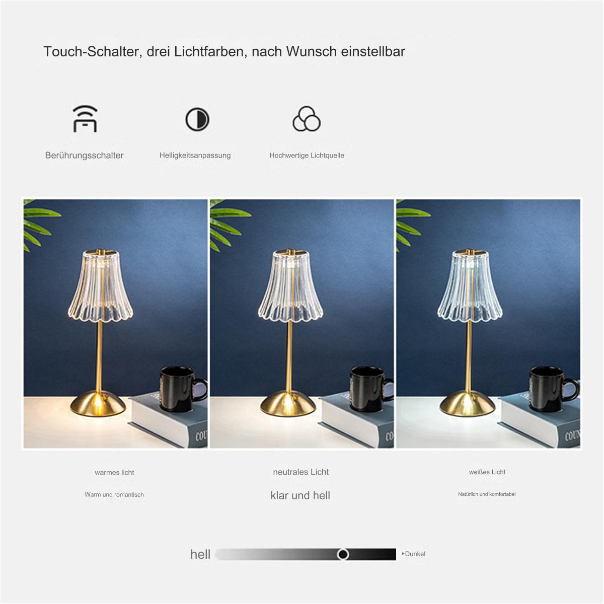 Tischlampen mit einstellbaren Lichteinstellungen, mit einer Tasse und einem Buch auf einer Oberfläche. Der Text und der Hintergrund sind weiß.