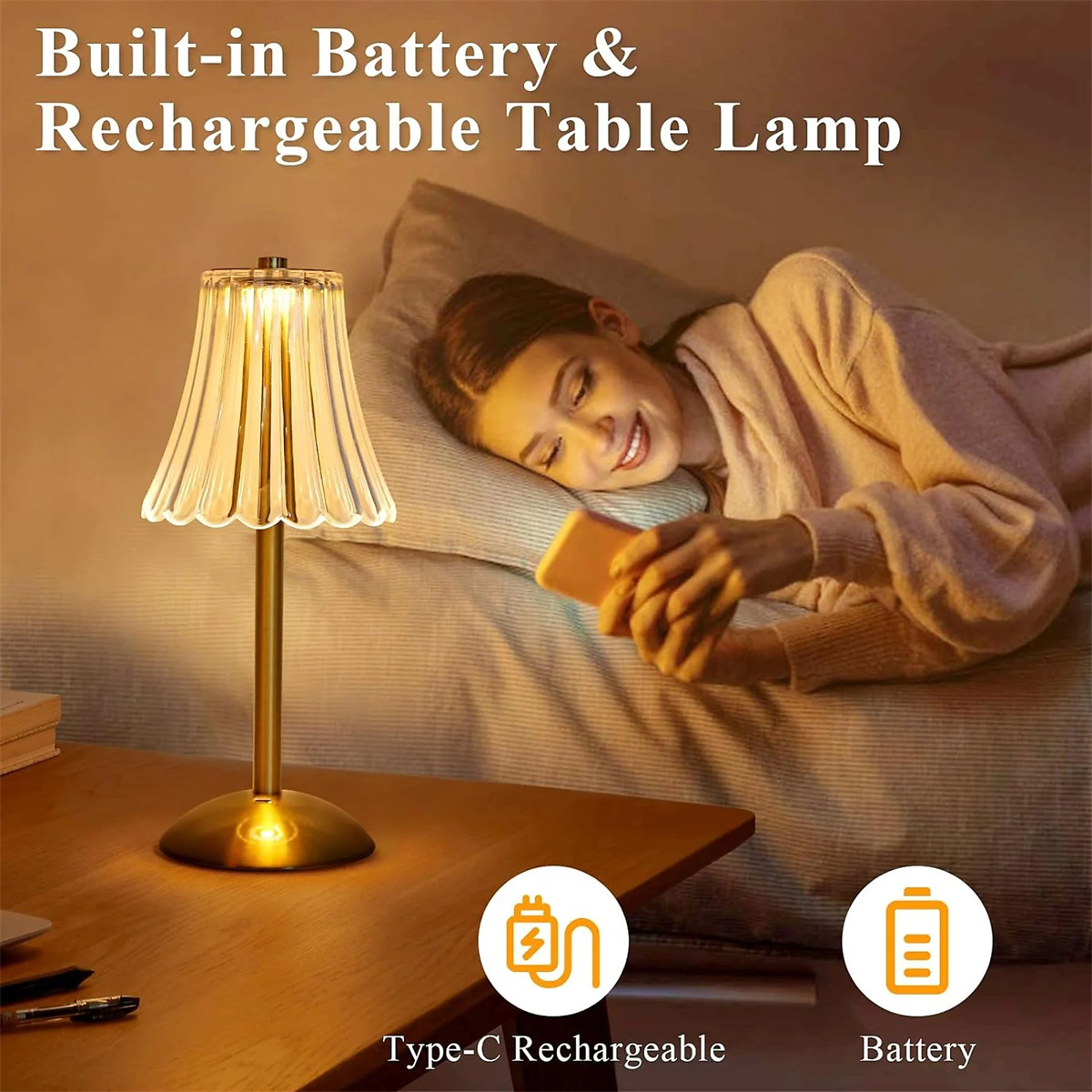 Frau liegt auf einem Bett mit einer Lampe auf einem Tisch, Typ-C-aufladbare Lampe.