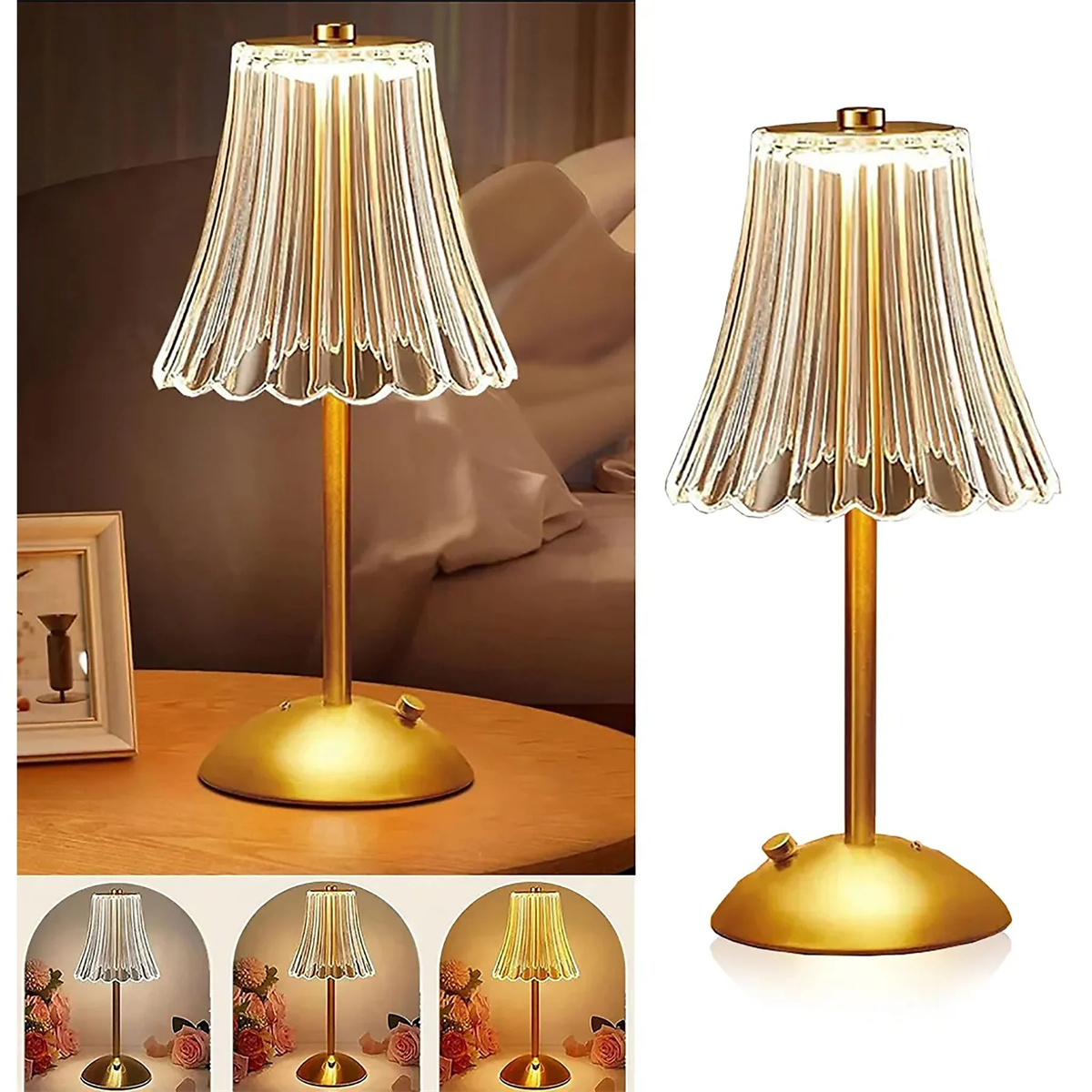 Goldene Tischlampe mit geriffeltem Glasschirm und passendem Sockel, präsentiert auf Holzoberfläche.