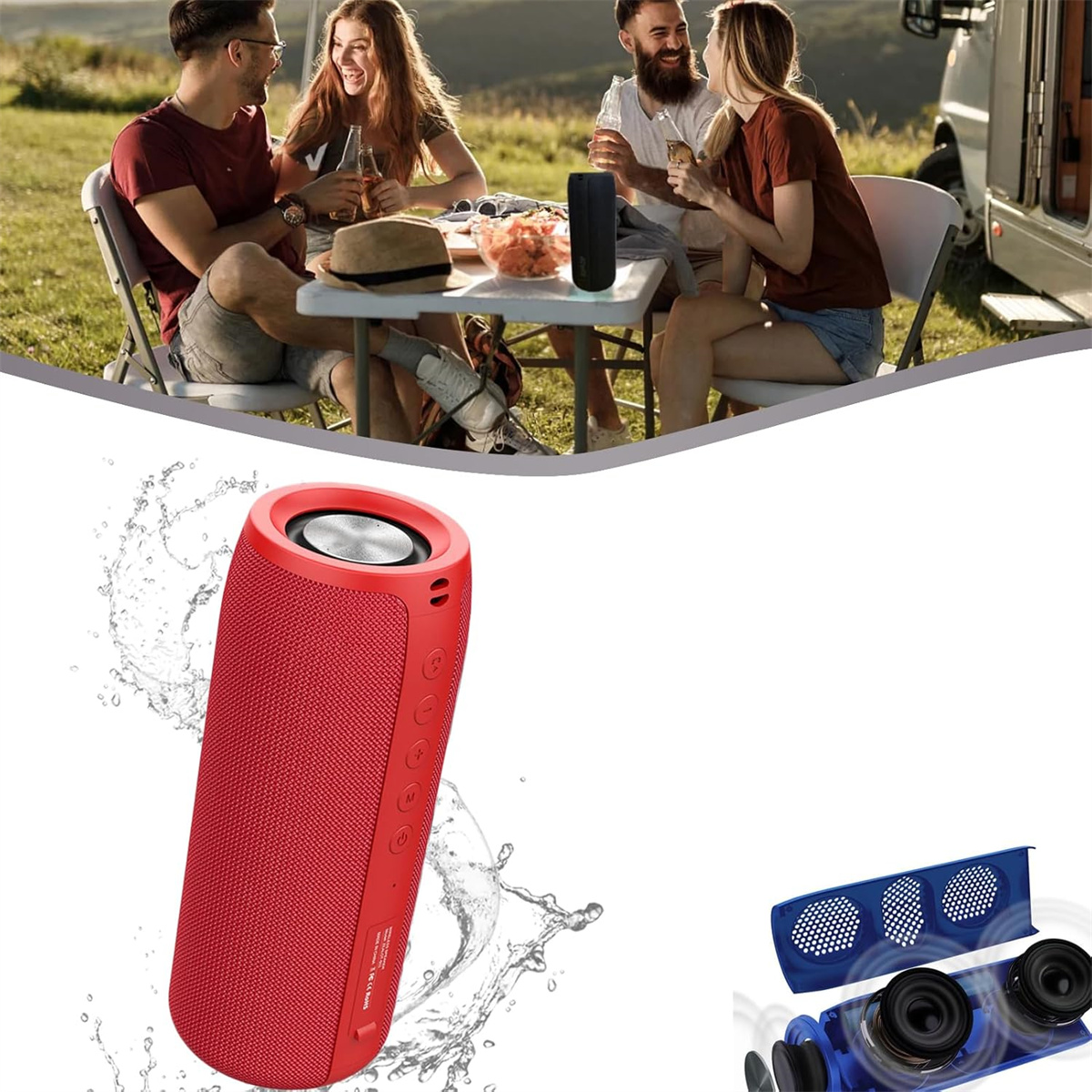 Ein roter Lautsprecher mit Wasserspritzern. Menschen im Hintergrund machen ein Picknick.