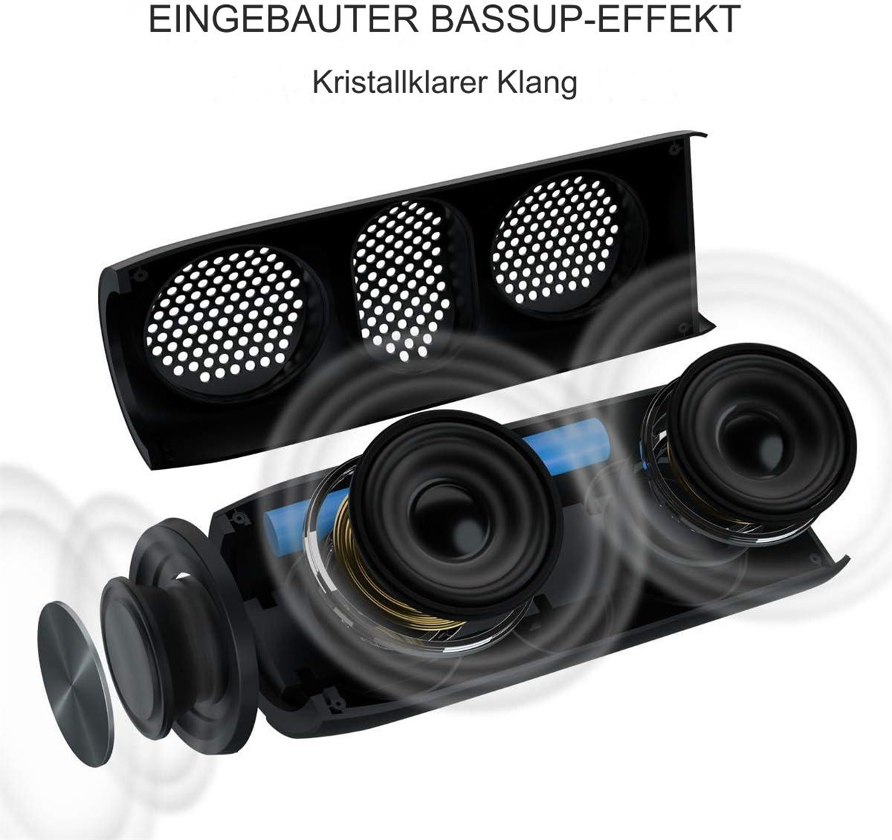 Explosionsansicht eines schwarzen Lautsprechers mit drei kreisförmigen Gittern und Innenteilen.