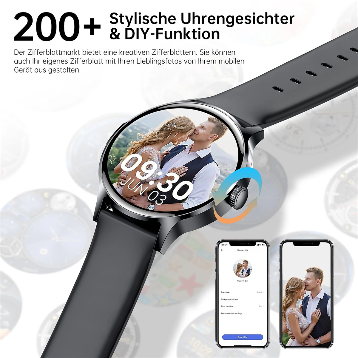 Smartwatch mit anpassbarem Zifferblatt, das ein Paar zeigt, und zwei Telefone mit Benutzeroberflächen.