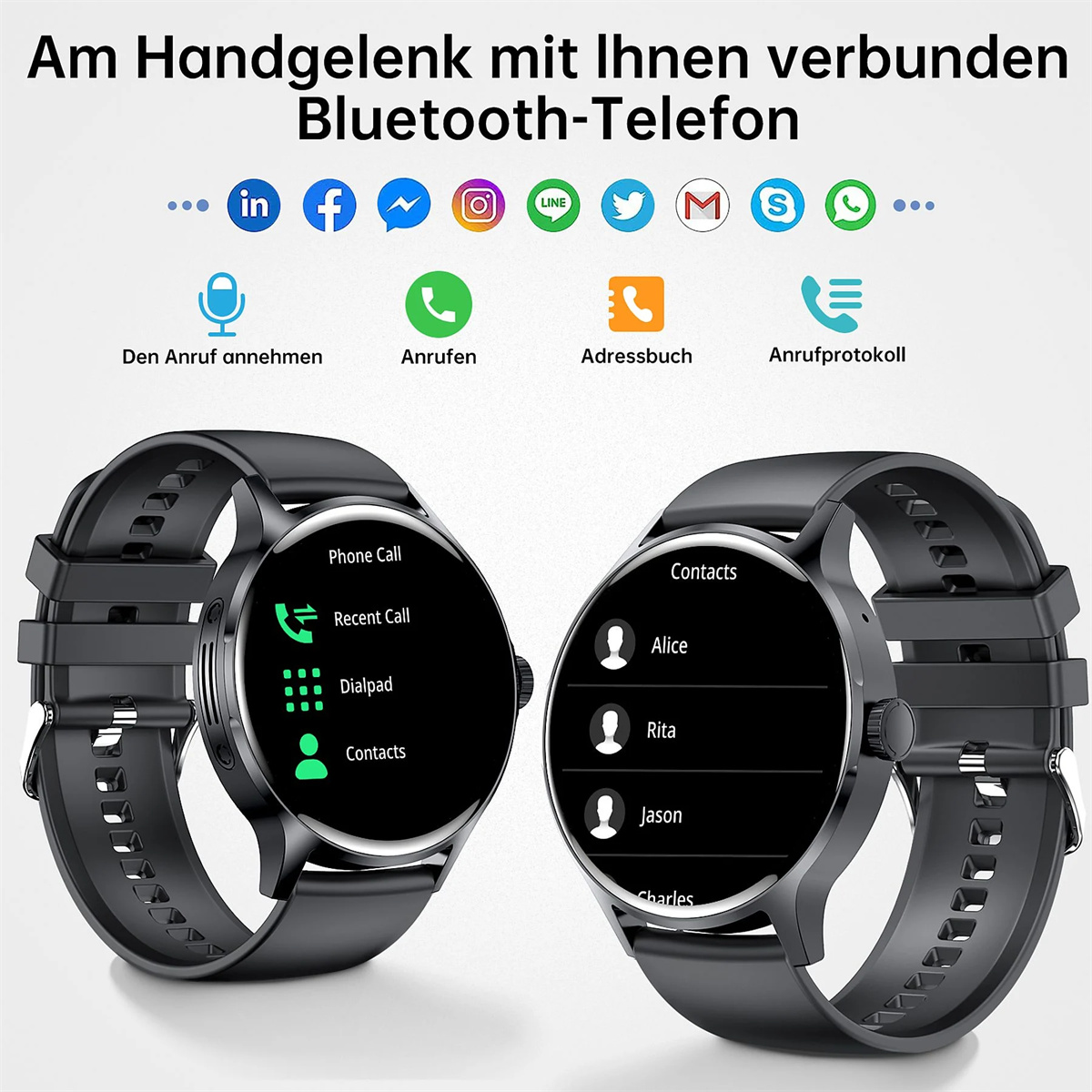 Zwei Smartwatches nebeneinander. Die linke Uhr zeigt Anrufoptionen, die rechte Kontakte. Beide sind schwarz.