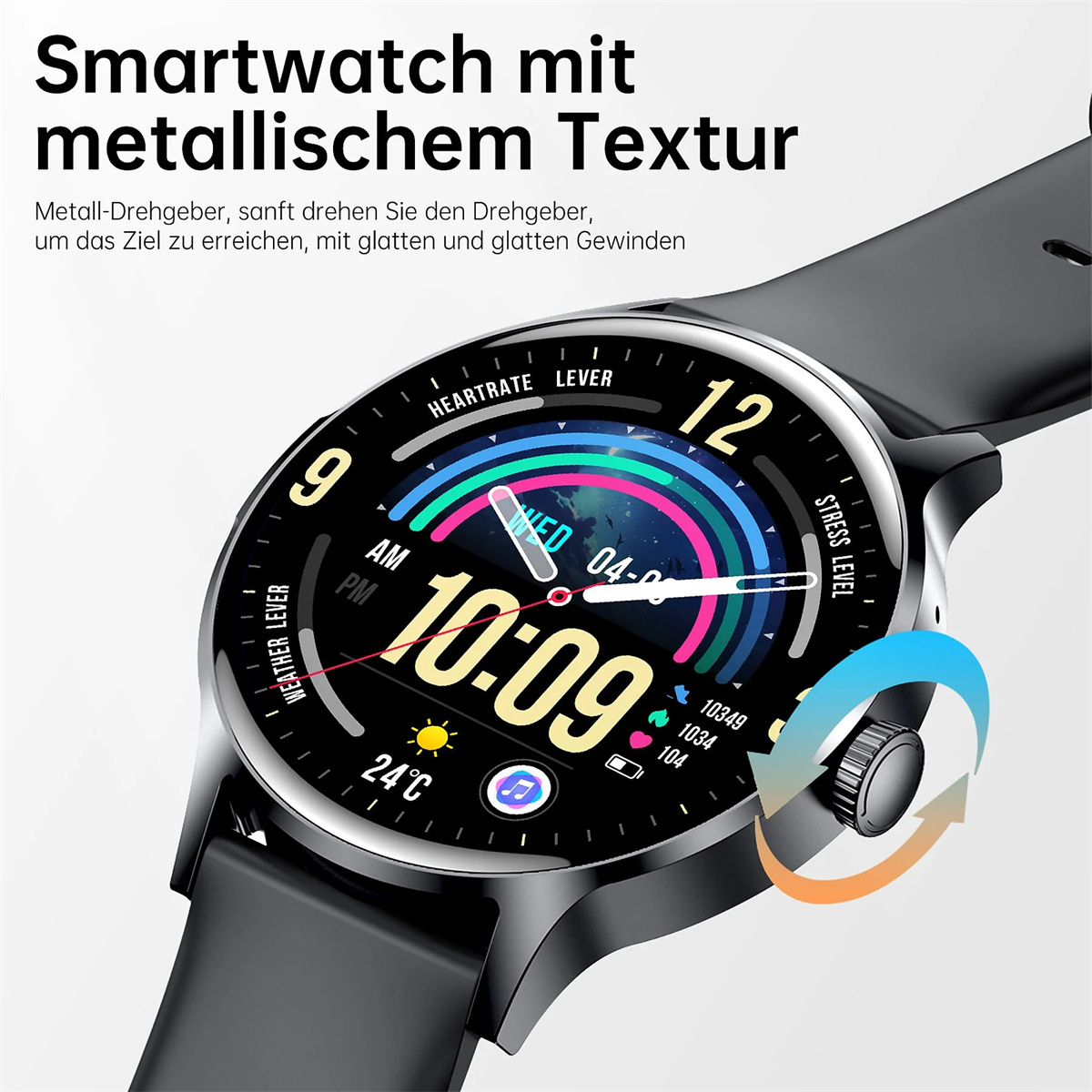 Smartwatch mit metallischer Textur. Die Uhr zeigt Zeit und Gesundheitswerte an. Ein Drehregler wird angezeigt.