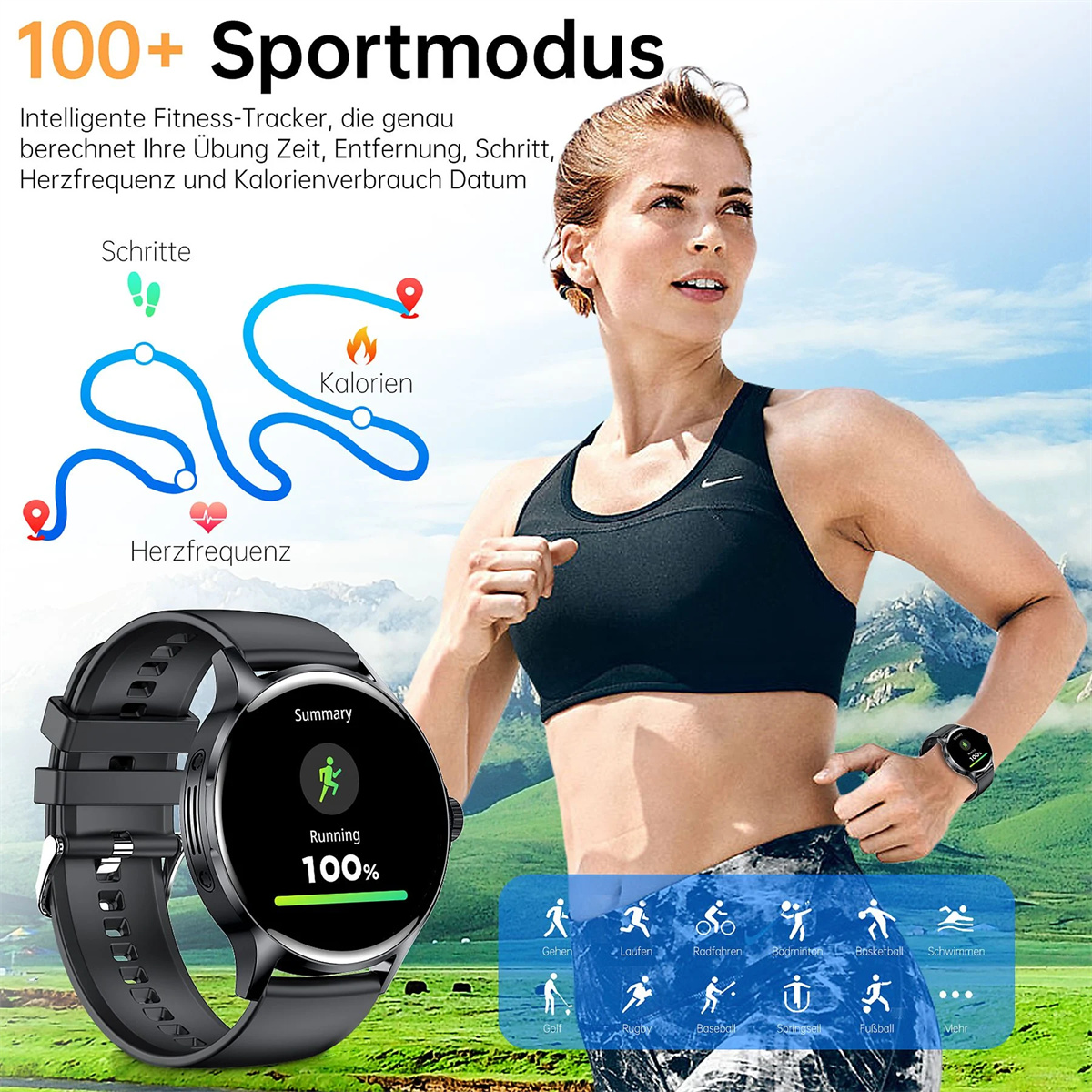 Eine Frau in einem schwarzen Sport-BH läuft. Eine Smartwatch mit Laufdaten ist im Vordergrund.