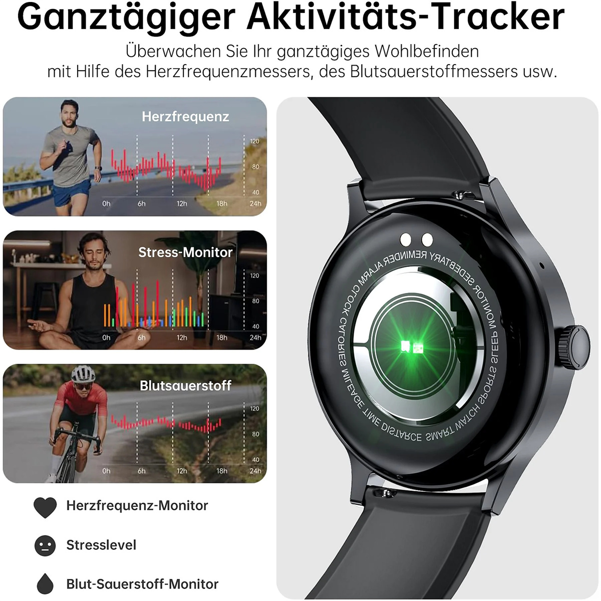 Eine Smartwatch mit Aktivitäts-Tracking-Funktionen: Herzfrequenz, Stresslevel und Blutsauerstoffüberwachung.