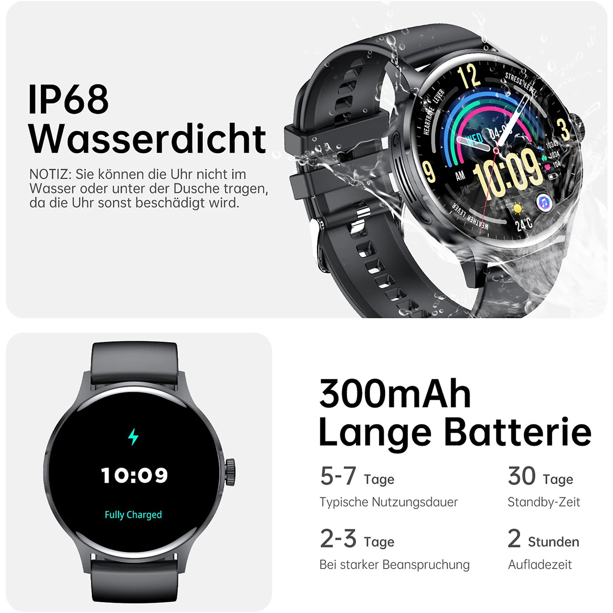 Schwarze Smartwatch mit Anzeige von Zeit, Datum und Wetter. Die Uhr hat ein schwarzes Armband.