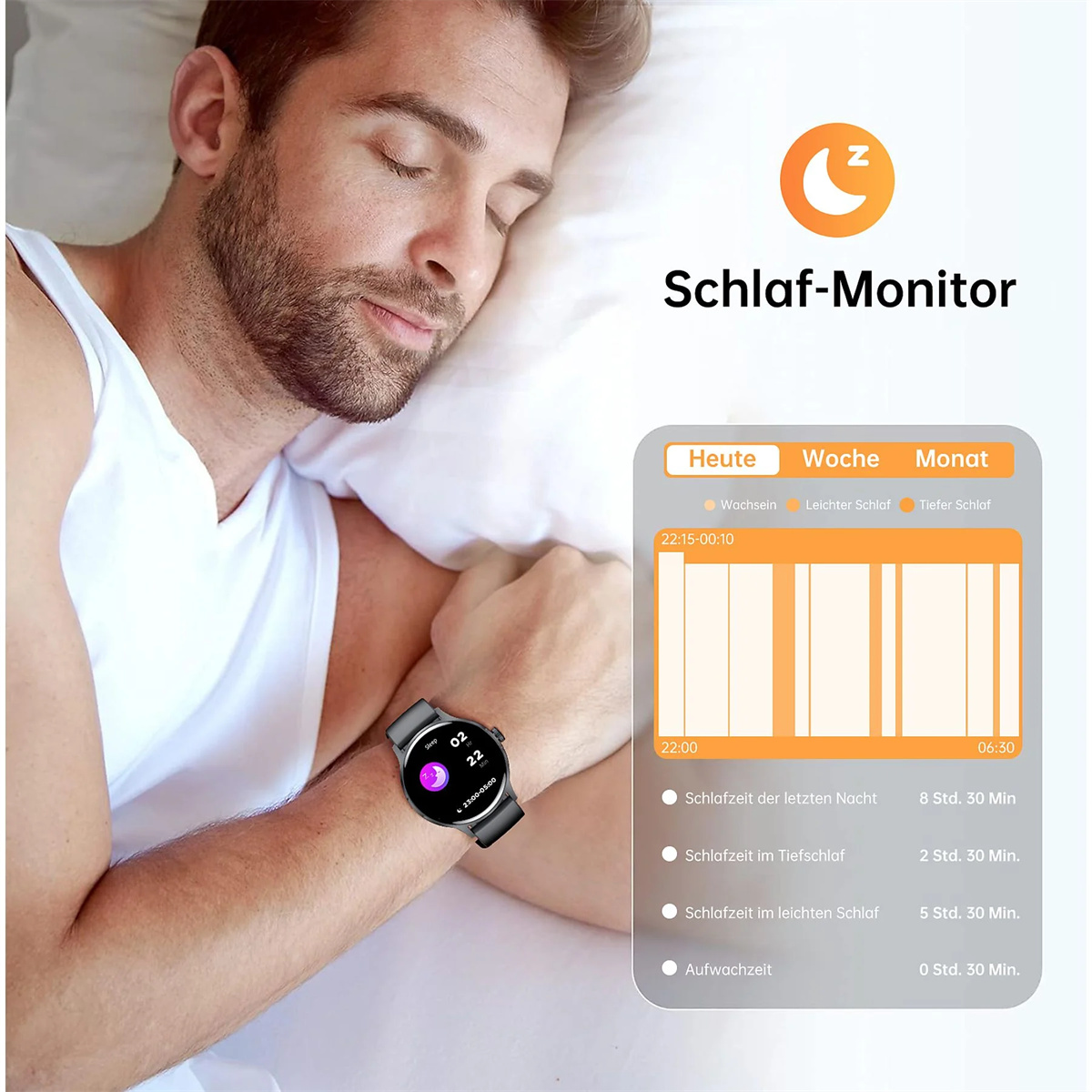 Mann im Bett mit Smartwatch, die Schlafdaten anzeigt. Informationen zu Schlafphasen werden angezeigt.