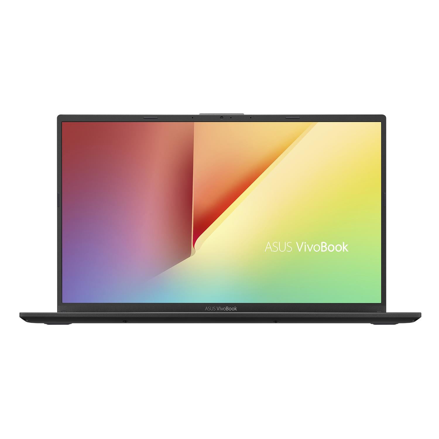 Laptop mit schwarzem Rahmen und farbenfrohem Bildschirm, mit dem ASUS Vivobook Logo.