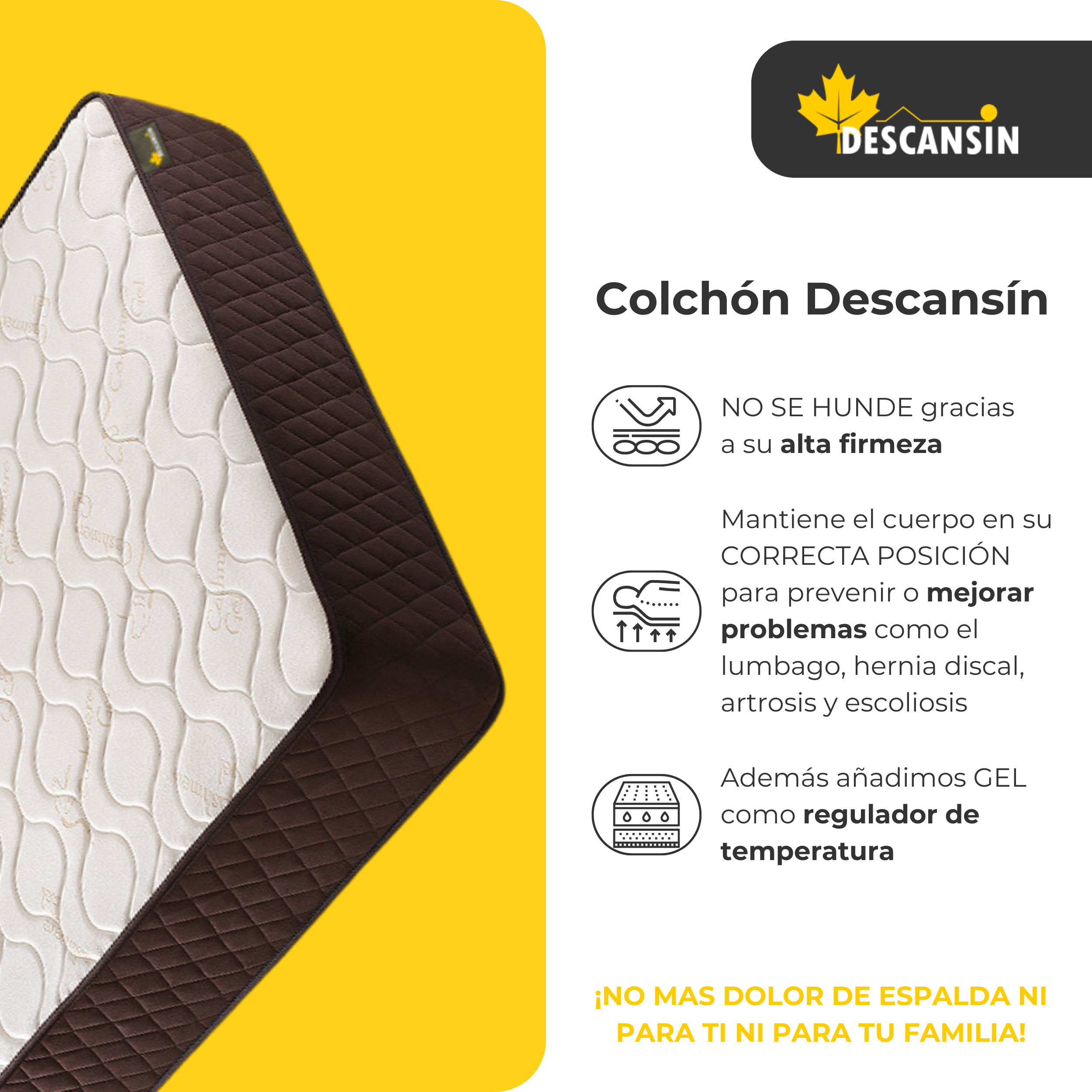 Colchón blanco con bordes marrones y texto sobre firmeza.