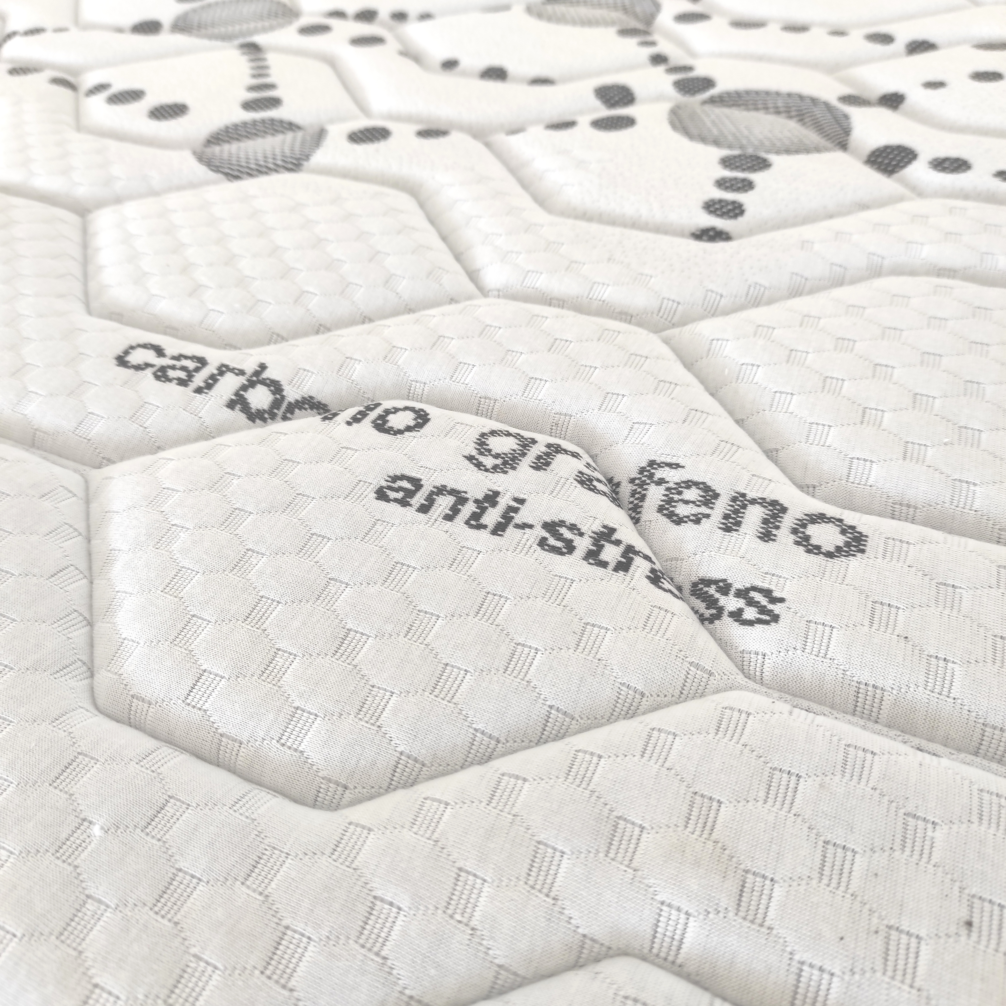 Primer plano de un colchón blanco con diseño de panal y texto.