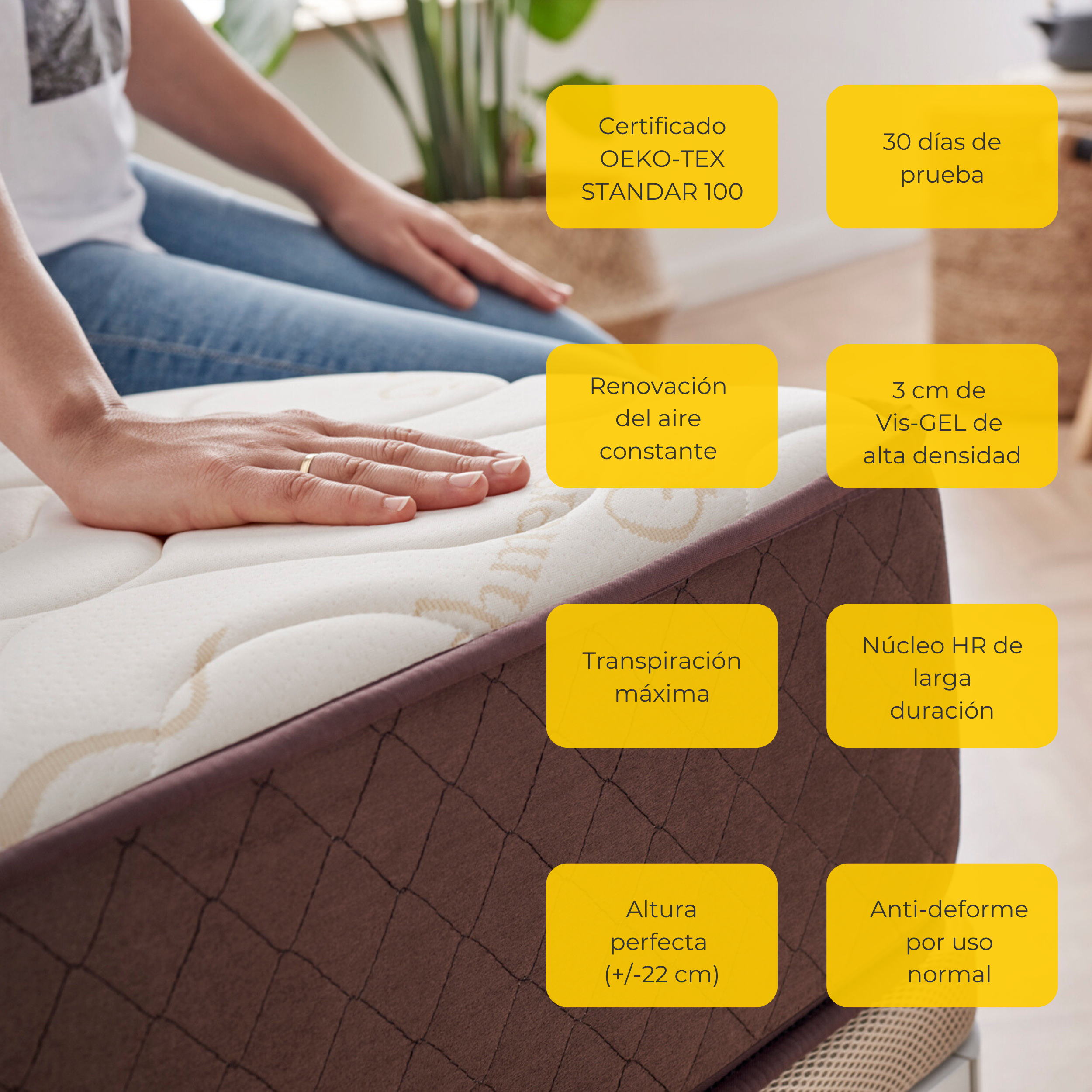Mujer en cama con etiquetas de colchón. Incluye renovación de aire, núcleo HR y prueba de 30 días.