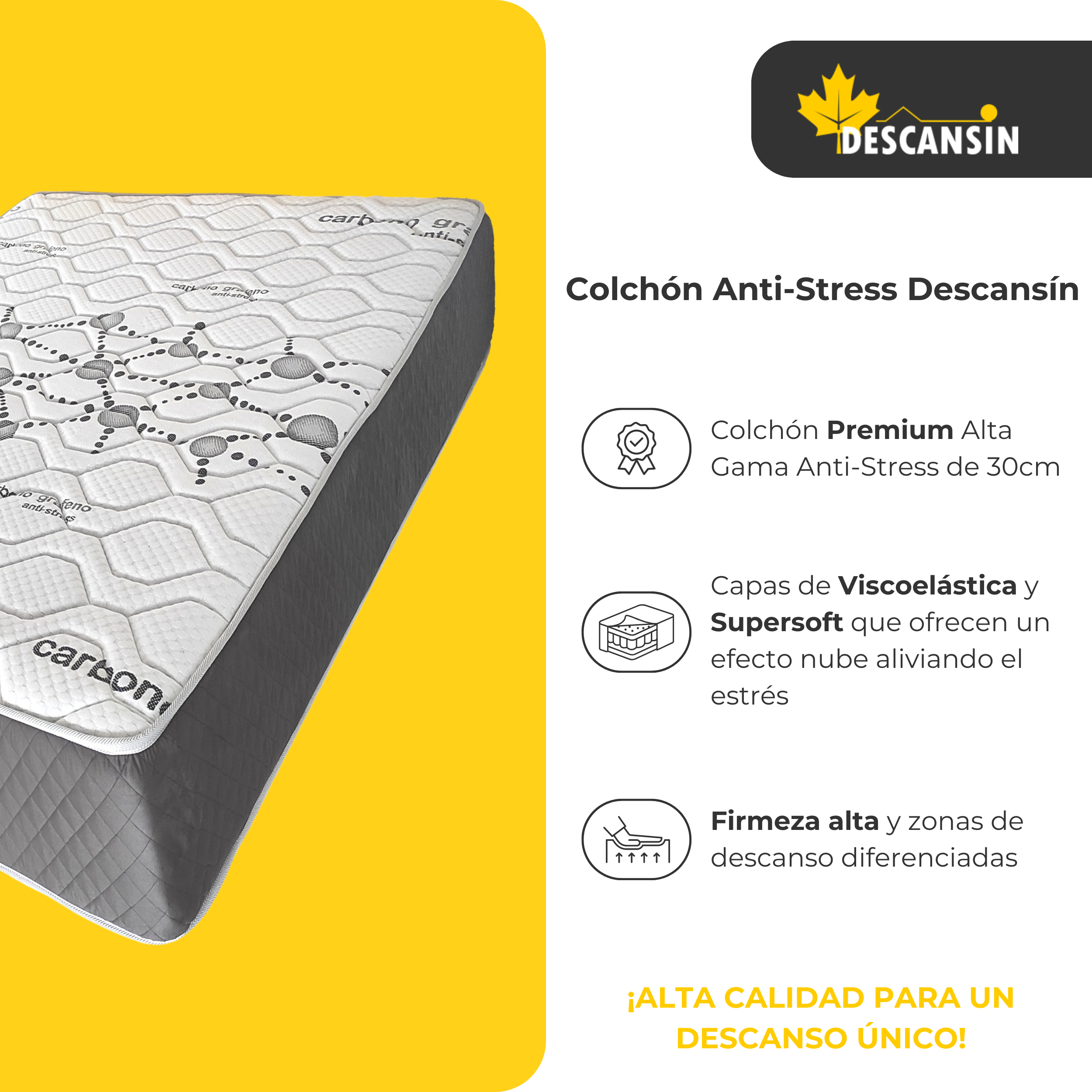 Colchón con info: premium, alta calidad, antiestrés, carbono y capas de confort.