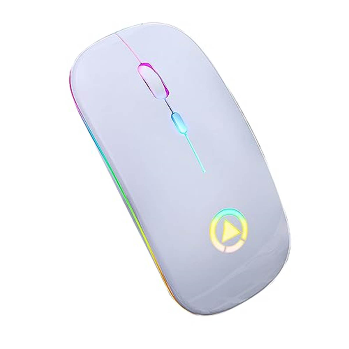 Weiße kabellose Maus mit Regenbogenkante und Play-Taste.