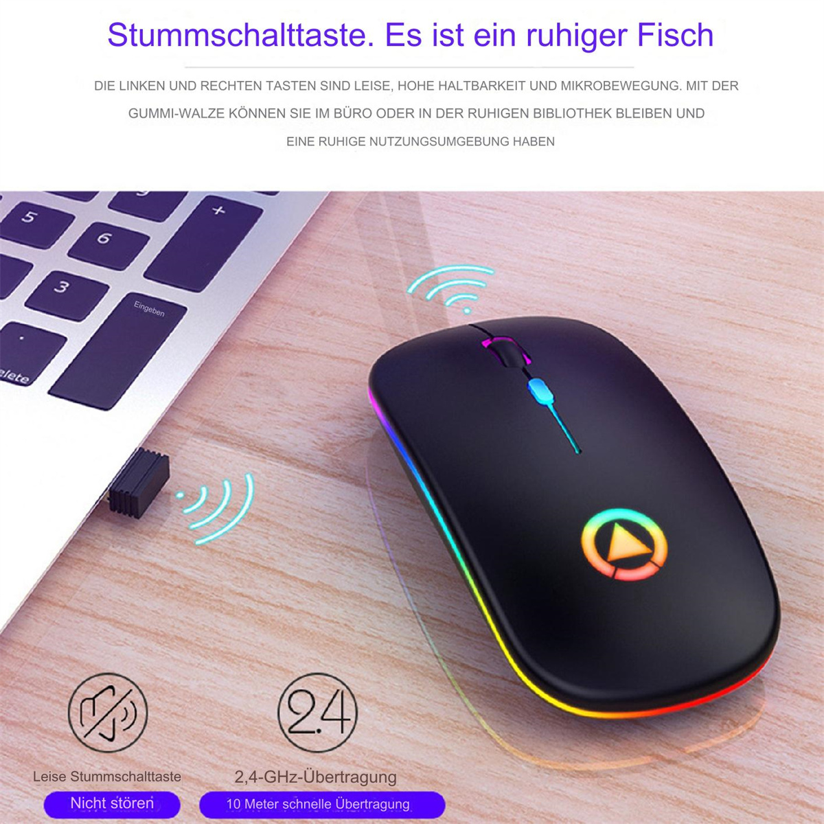 Eine schwarze kabellose Maus mit farbigem Licht. Ein Laptop im Hintergrund.