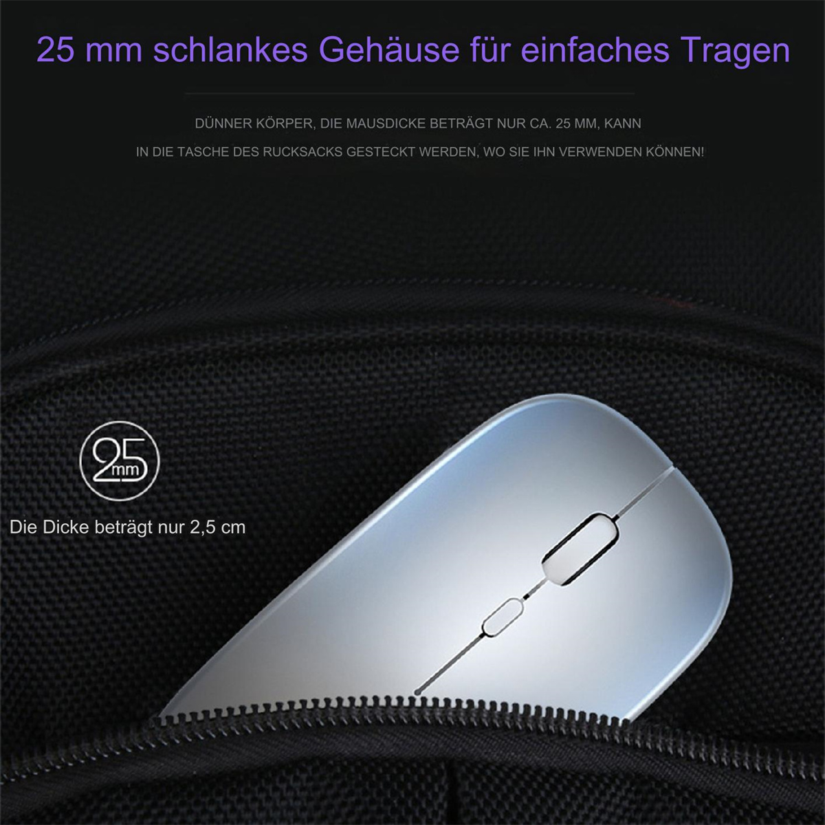 Silberne Computermaus in einer schwarzen Rucksacktasche, mit 25 mm Größenanzeige.