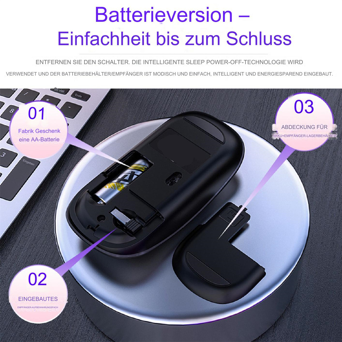 Eine schwarze Maus mit geöffnetem Batteriefach. Der Text beschreibt den Batteriewechselprozess.