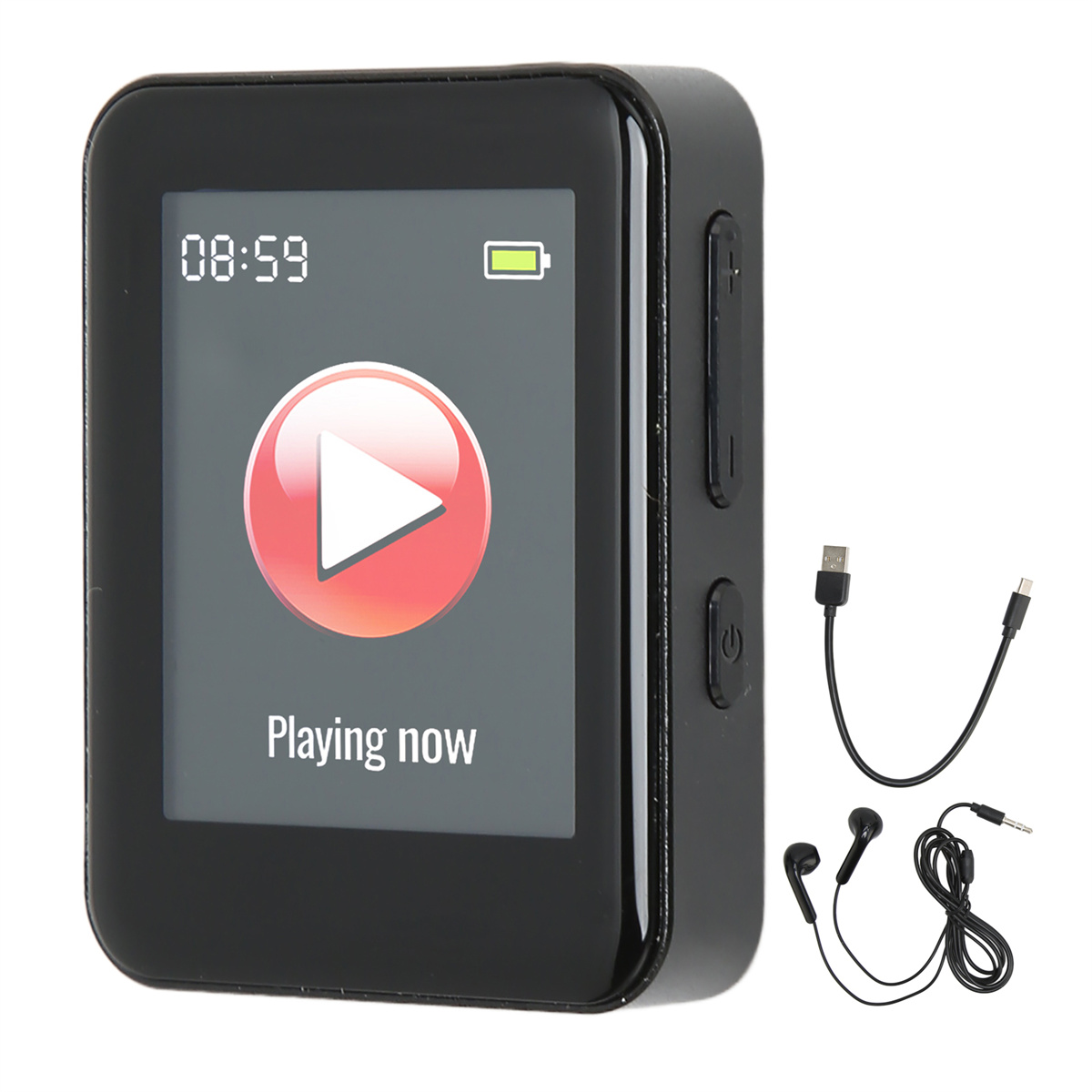 Ein schwarzer MP3-Player mit einem Bildschirm, der die Uhrzeit und eine Wiedergabetaste anzeigt, mit Kopfhörern und Kabeln.