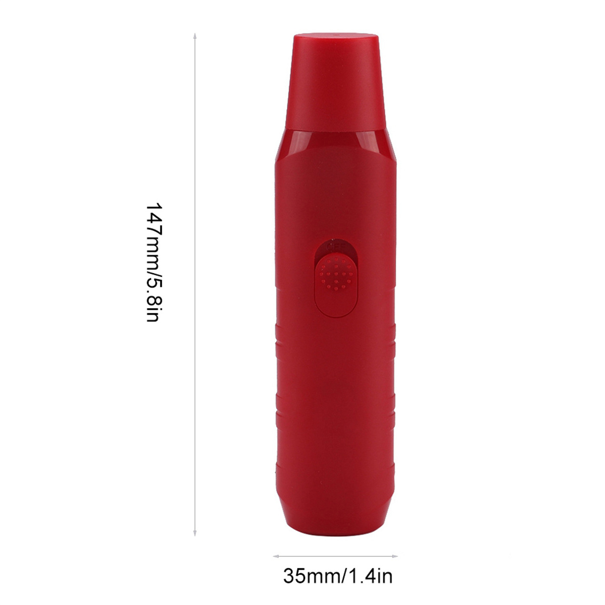 Ein rotes stiftförmiges Gerät mit Messmarkierungen, vor weißem Hintergrund.
