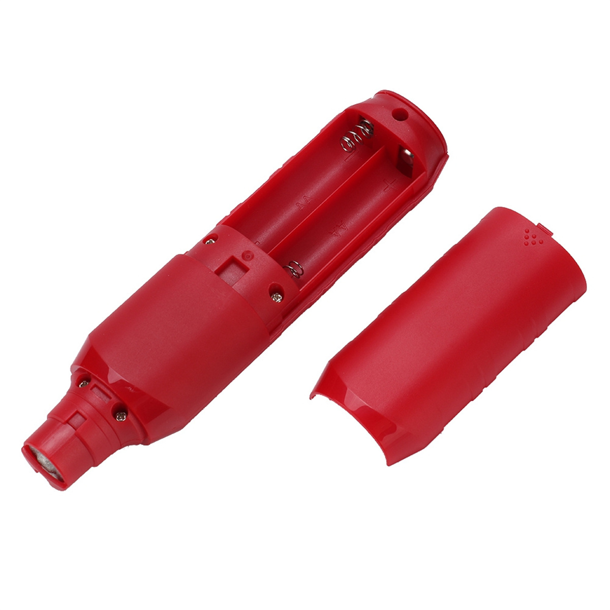 Rotes Batteriefach, geöffnet, mit Batteriefächern. Weißer Hintergrund.