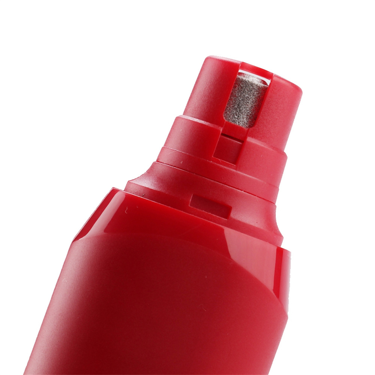 Ein rotes Nagel-Schleifwerkzeug mit grauem Schleifrad. Vor weißem Hintergrund.