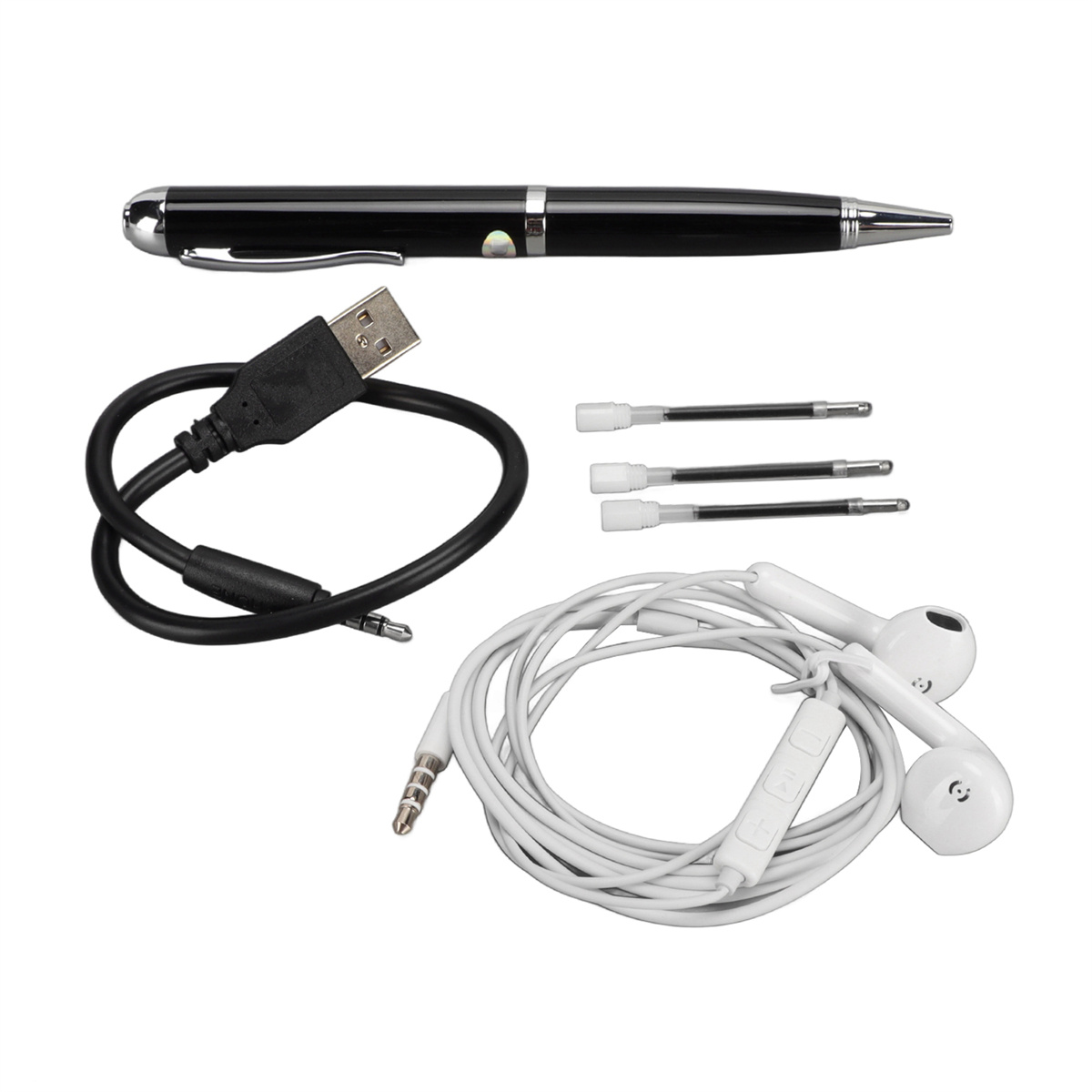 Ein schwarzer Stift, USB-Kabel, Kopfhörer und Minen liegen auf weißem Grund.