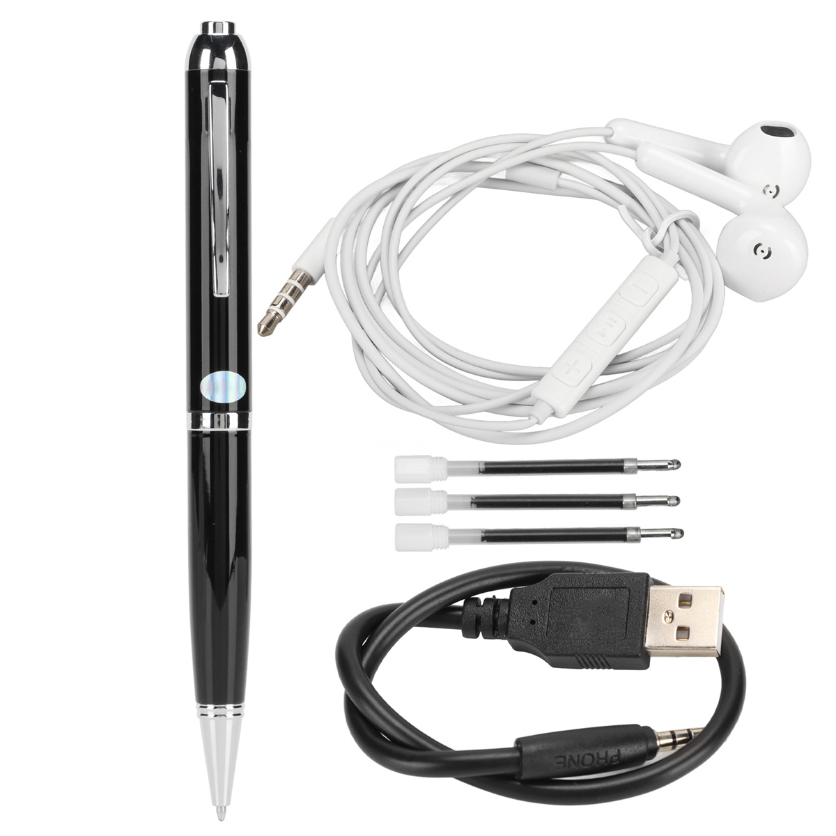 Schwarzer Stift mit Kamera, weiße Kopfhörer, Nachfüllungen und ein USB-Kabel auf weißem Hintergrund.