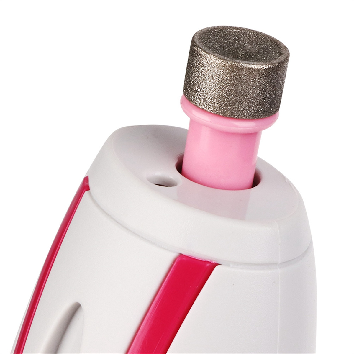 Nahaufnahme eines Nagel-Schleifwerkzeugs mit einem rosa und weißen Griff.
