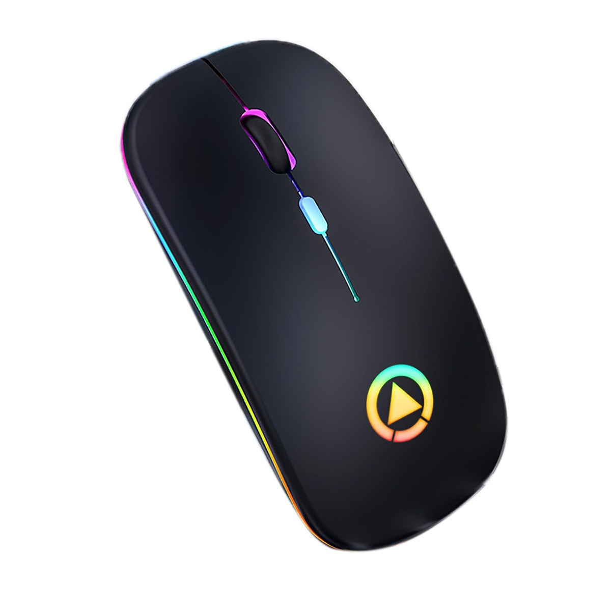 Schwarze kabellose Maus mit Regenbogenlicht an den Rändern. Es hat ein Wiedergabetasten-Logo.