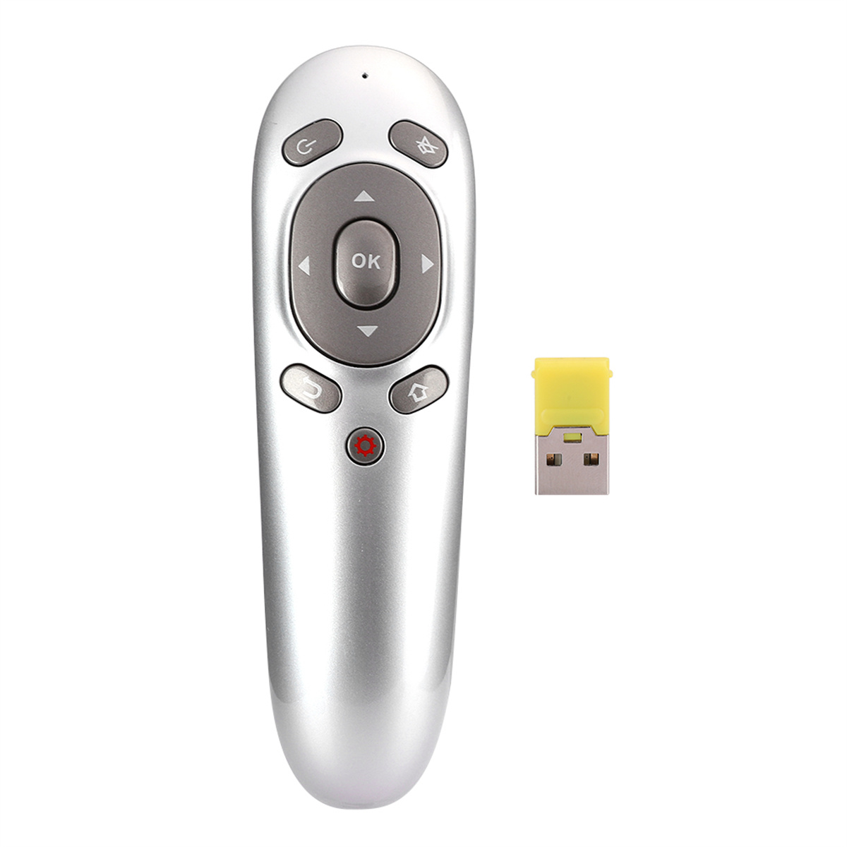 Silberne Fernbedienung mit Ein/Aus-, Richtungs- und OK-Tasten sowie USB-Empfänger.