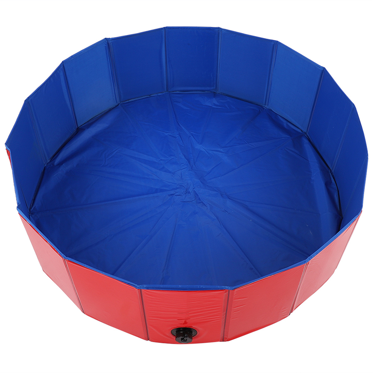 Ein faltbarer Haustier-Pool in Blau und Rot, leer, mit schwarzem Ablassstopfen.