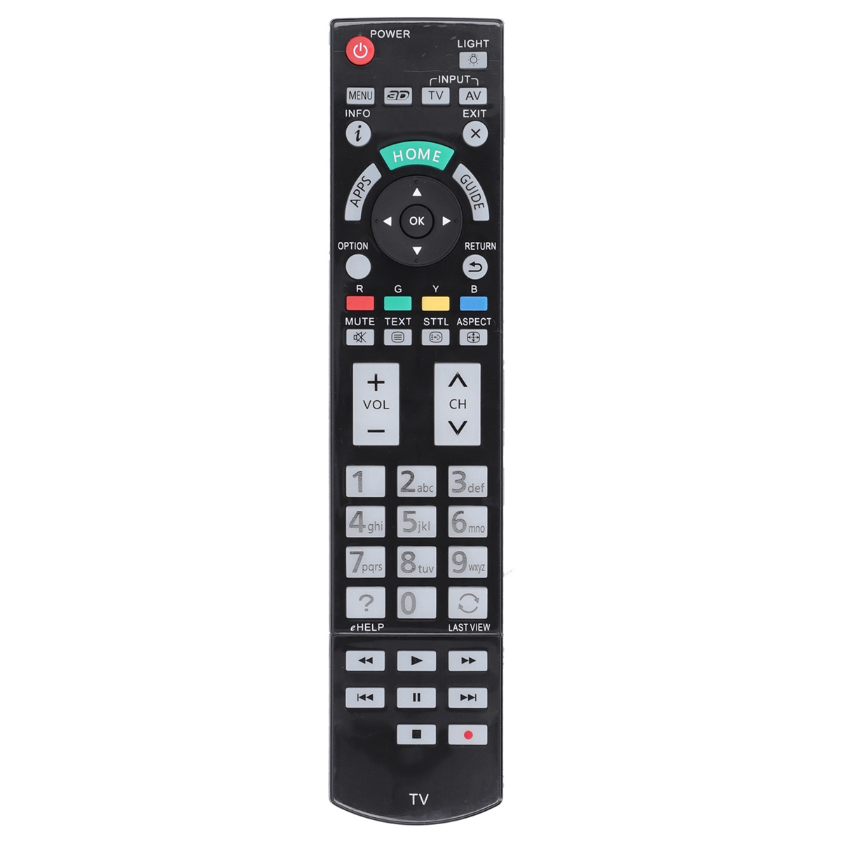 Schwarze TV-Fernbedienung mit vielen Knöpfen.