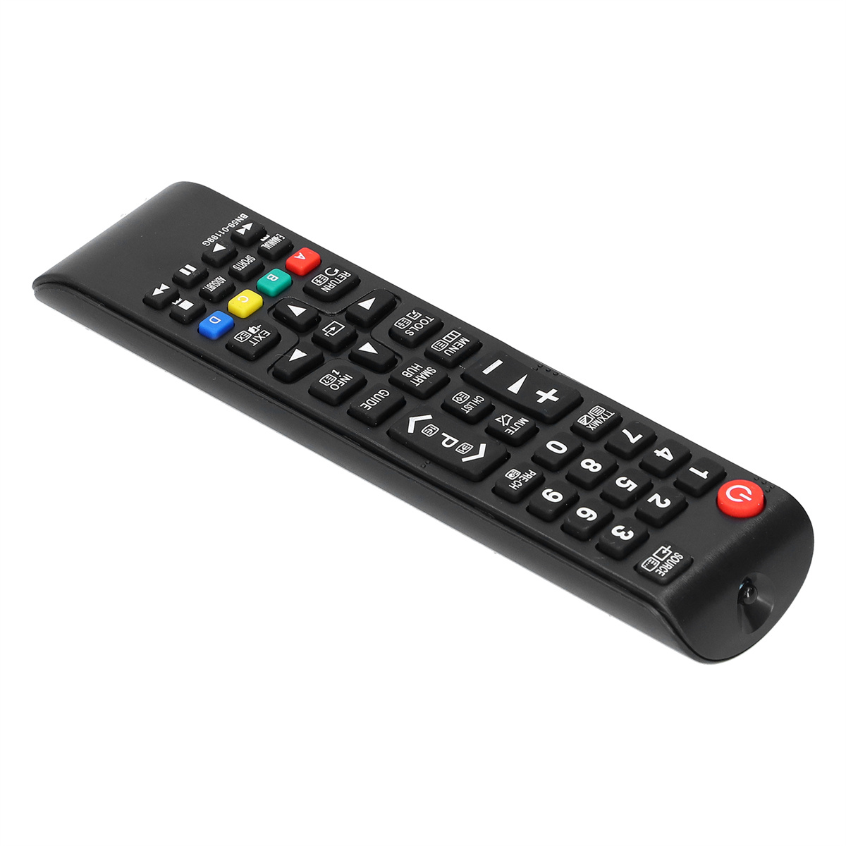 Schwarze TV-Fernbedienung mit mehreren Tasten.