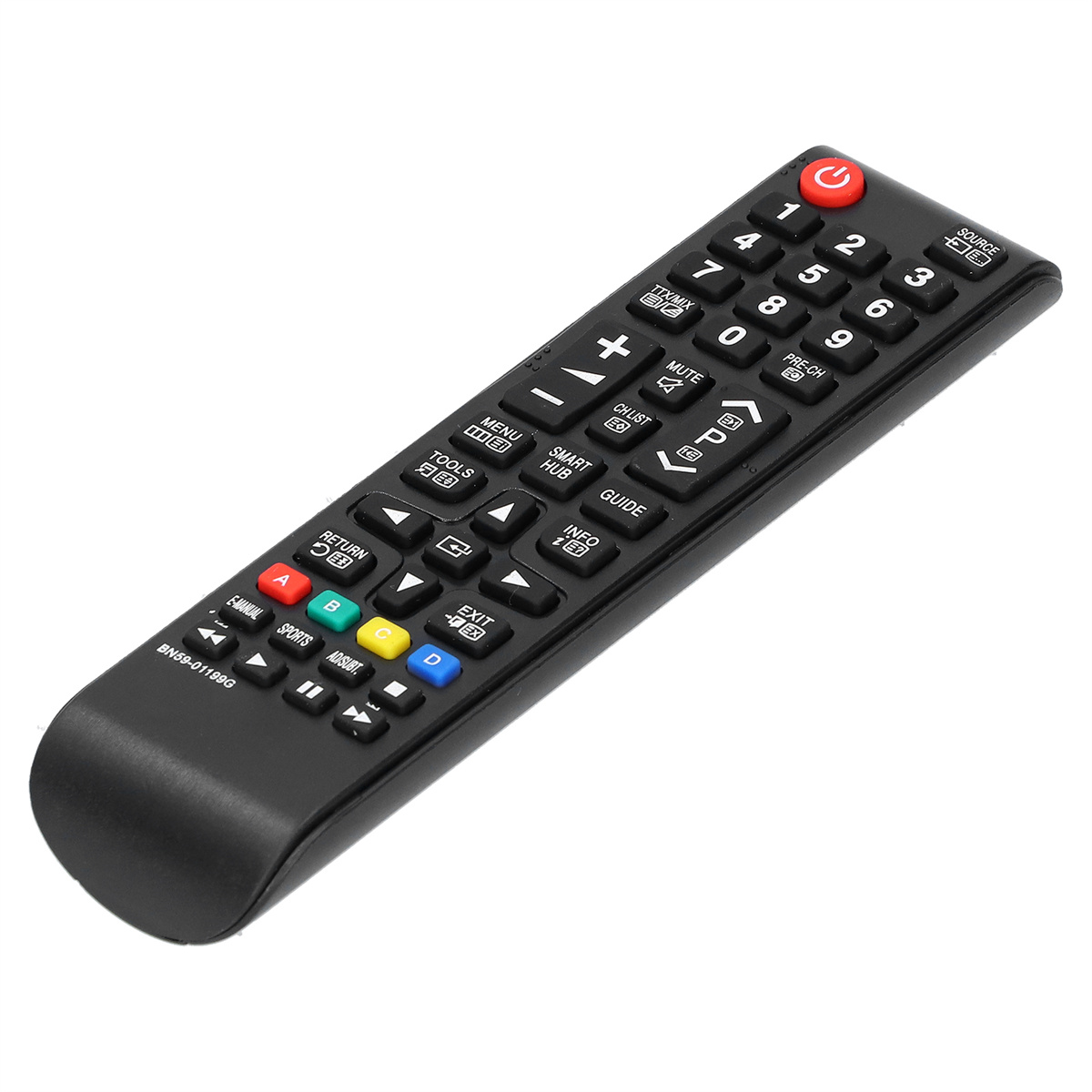 Eine schwarze TV-Fernbedienung mit roter Ein-/Aus-Taste. Weißer Hintergrund.