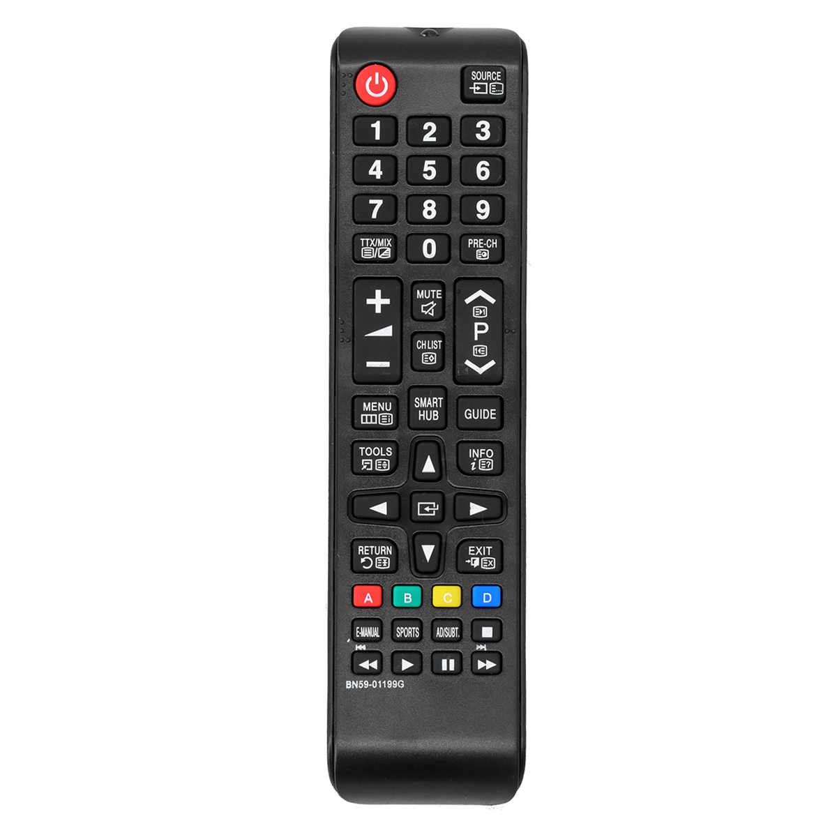 Schwarze TV-Fernbedienung mit verschiedenen Tasten, einschließlich Zifferntasten, Richtungstasten und Farbtasten.