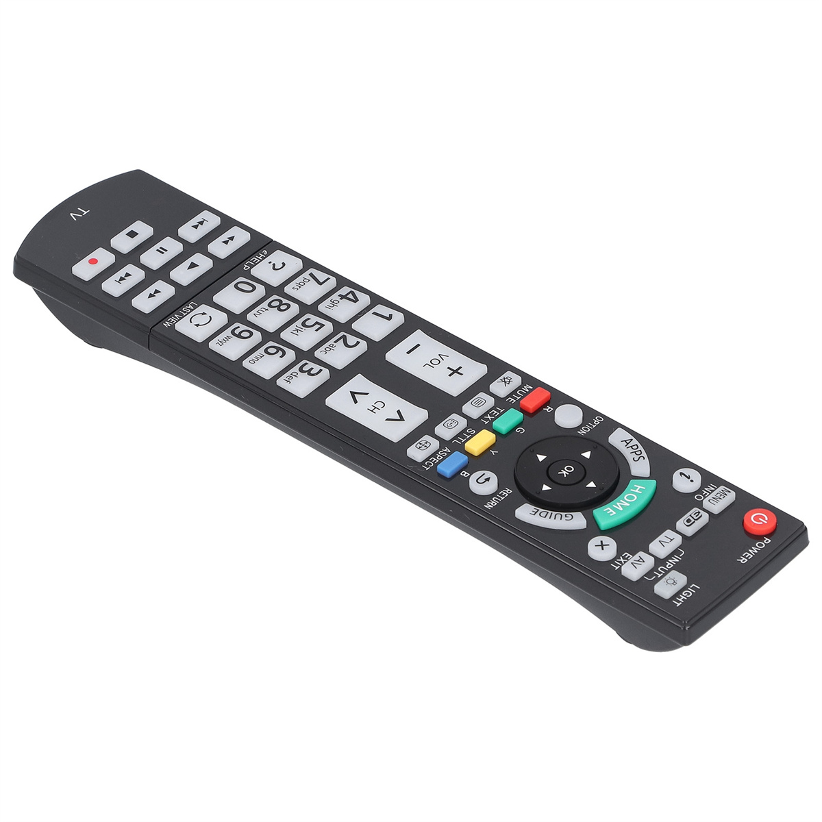 Schwarze TV-Fernbedienung mit zahlreichen Tasten für verschiedene Funktionen.