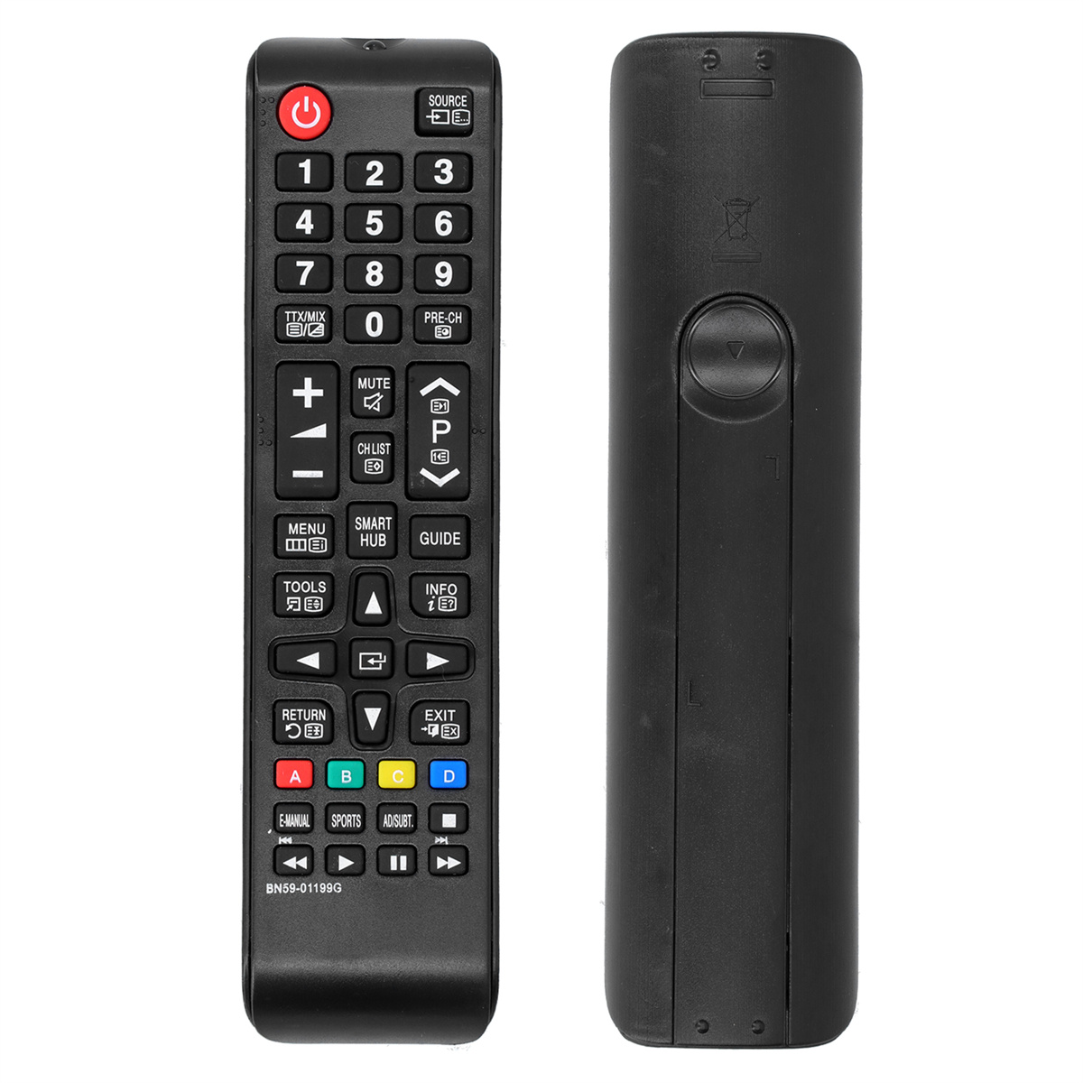 Zwei schwarze TV-Fernbedienungen. Eine zeigt Tasten und Text, die andere ist hinten schlicht.
