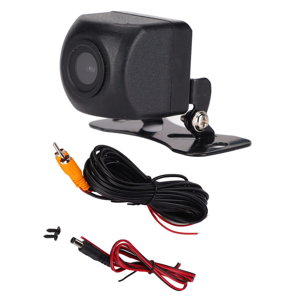 Eine Rückfahrkamera mit Kabel und Anschlüssen, schwarz-weißer Hintergrund.