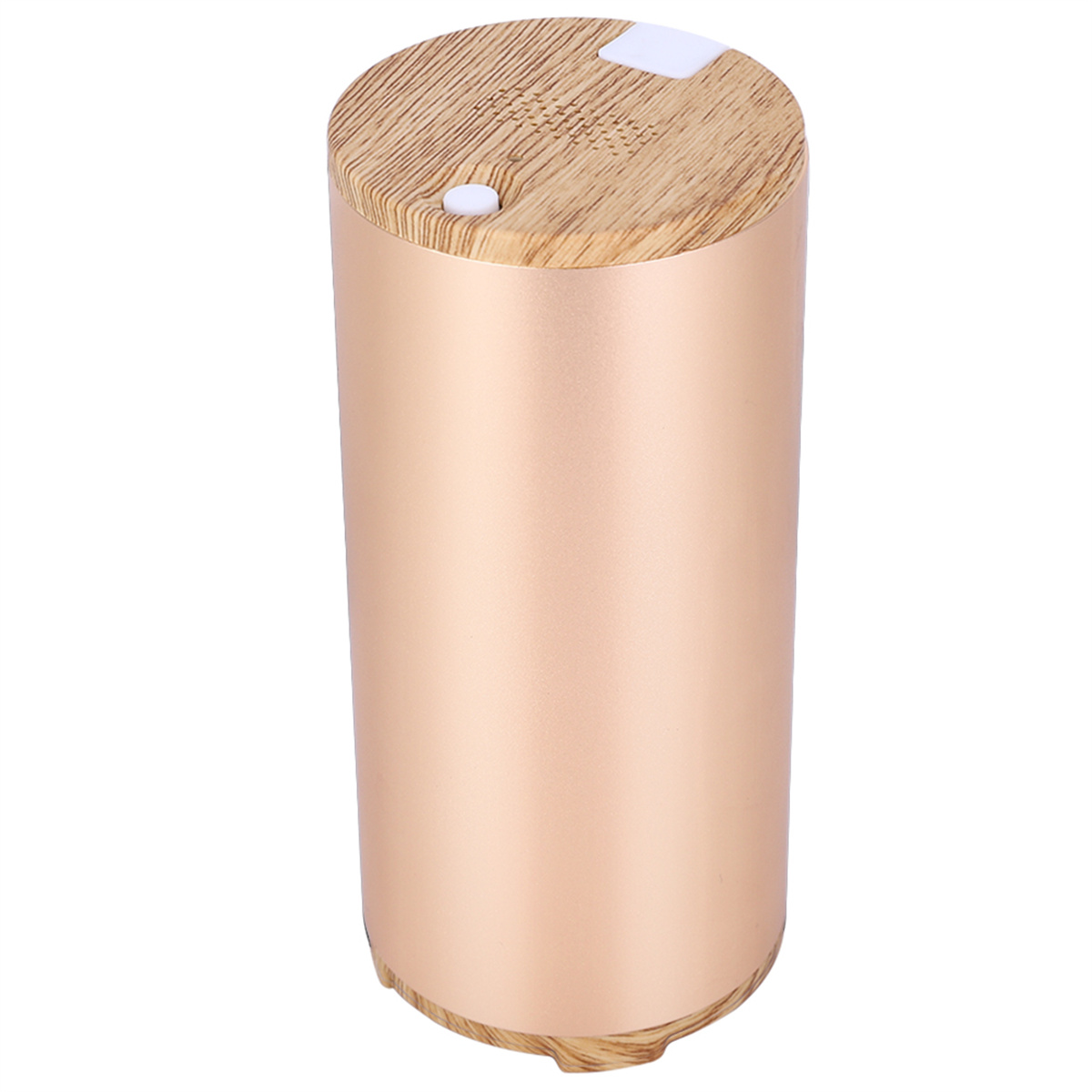 Ein goldfarbener zylindrischer Lautsprecher mit Holzaufsatz und weißem Knopf.