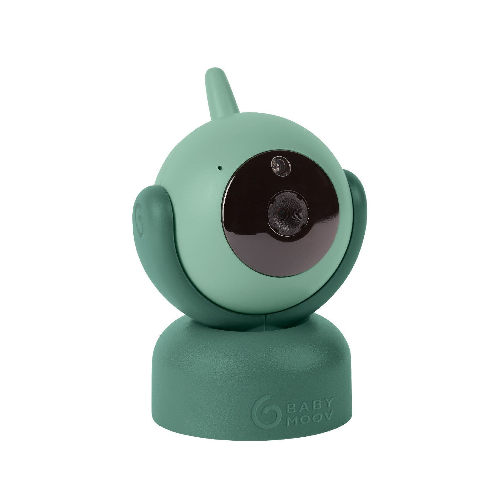 Grüner Babyphone mit Kamera. Die Basis ist grün. Der Hintergrund ist weiß. Text: BABY MOOV.